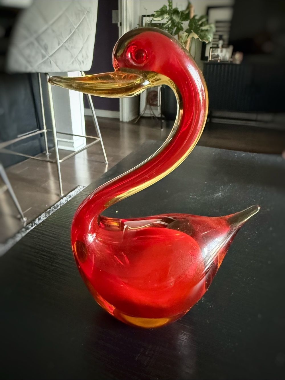 Murano-style red and amber sommerso glass swan figurine